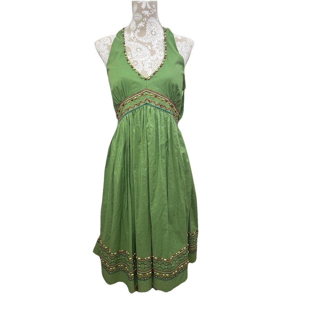Jessica Howard Green Beaded‎ Halter Dress Women Size 10 P Boho, Unique NWT